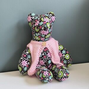 Handmade Stuffed Bear With Sweater Vest Floral Pink Pastel 70s‎ Retro 15in